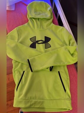 Under Armour Lime Green Pullover Hoodie with Black Logo Print, Size YXL